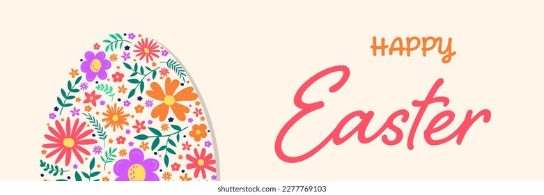 Colourful Easter egg with hand drawn flowers. Concept of a greeting card. Banner. Vector illustration