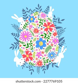 Colourful Easter egg with hand drawn flowers and bunnies. Concept of  Easter background. Vector illustration