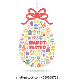 Colourful Easter egg made of simple Easter icons / Easter egg isolated on white background / Easter theme vector illustration.