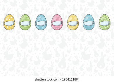 Colourful Easter eggs with face masks. Background with copyspace. Holidays during pandemic. Vector