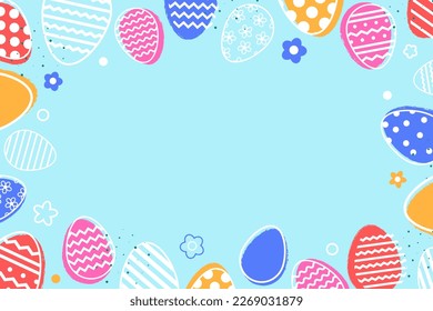 Colourful Easter eggs and flowers on blue background. Modern design. Vector illustration