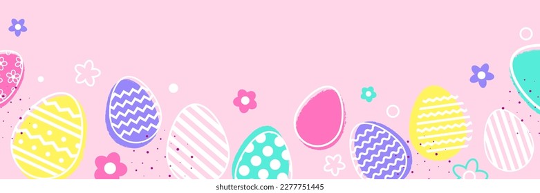 Huevos coloridos de Pascua y flores de fondo rosado. Diseño moderno. Cartel. Ilustración del vector