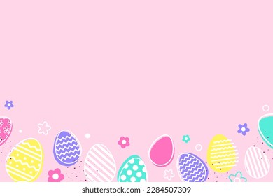 Farbige Ostereier und Blumen auf rosafarbenem Hintergrund. Modernes Design. Vektorgrafik
