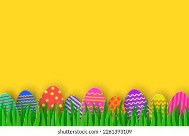 Colourful Easter eggs hidden in the grass. Paper cut style background. Vector illustration