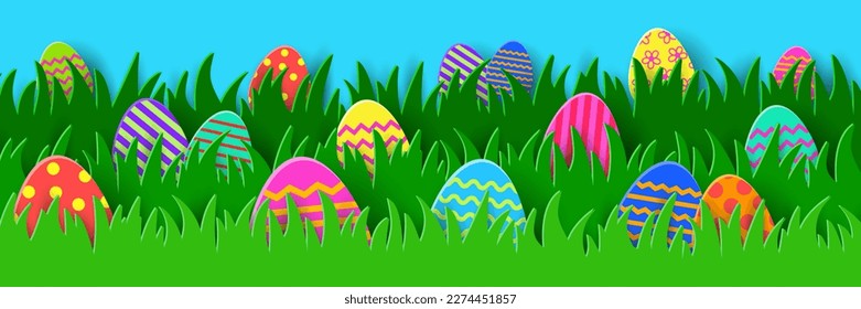 Colourful Easter eggs hidden in the grass. Paper cut style banner. Panoramic header. Vector illustration