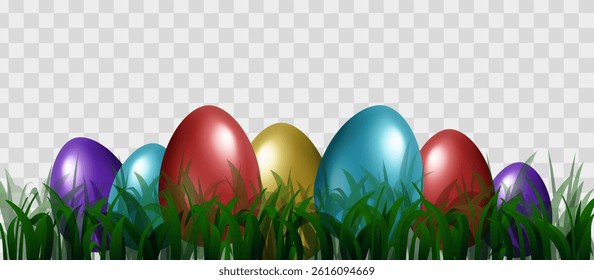 The colourful Easter eggs. Easter eggs on green grass. Spring background. Vector illustration for your creative design. Eps 10