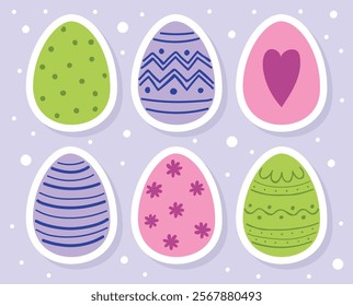 Colourful Easter eggs set. Stickers in cartoon style. Vector illustration