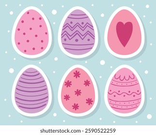 Colourful Easter eggs set. Stickers in cartoon style. Vector illustration
