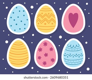 Colourful Easter eggs set. Stickers in cartoon style. Vector illustration