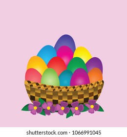 Colourful Easter eggs in the wicker basket