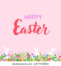 Colourful Easter greeting card with bunnies hidden in flower meadow. Vector illustration 