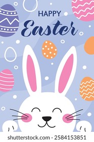 Colourful Easter greeting card with cute bunny. Cartoon style design. Vector illustration