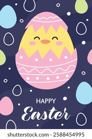 Colourful Easter greeting card with cute chick in egg. Cartoon style design. Vector illustration