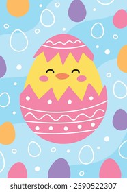 Colourful Easter greeting card with cute chick in egg. Cartoon style design. Vector illustration