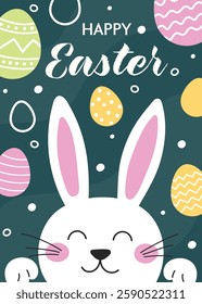 Colourful Easter greeting card with cute bunny. Cartoon style design. Vector illustration