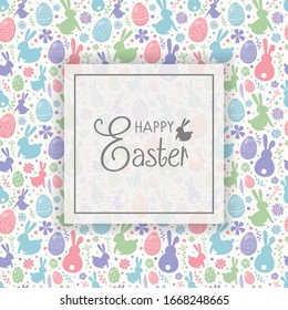 Colourful Easter greeting card with decorative eggs, bunnies and flowers. Vector