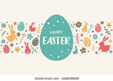 Colourful Easter greeting card with decorative eggs, bunnies and flowers. Vector