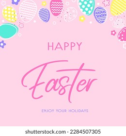 Colourful Easter greeting card with eggs and flowers. Abstract design for Easter. Vector illustration
