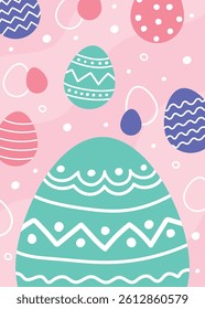 Colourful Easter greeting card with hand painted eggs. Cartoon style design. Vector illustration