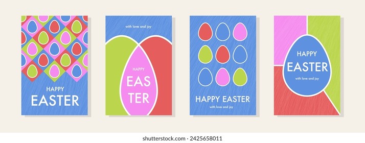 Coloridas tarjetas de felicitación de Pascua. Fondo de estilo moderno con huevos de Pascua y formas geométricas. Ilustración de vector