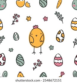 Colourful Easter Pattern with Bunnies, Eggs, and Chicks on White Background. Hand Drawn Easter Ornament. 