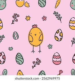 Colourful Easter Pattern with Bunnies, Eggs, and Chicks on Pink Background. Hand Drawn Easter Ornament. 