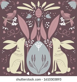 Colourful  Easter pattern for cards with flower,bunnies and egg