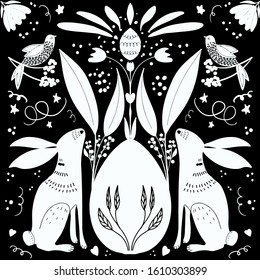 Colourful  Easter pattern for cards with flower,bunnies and egg