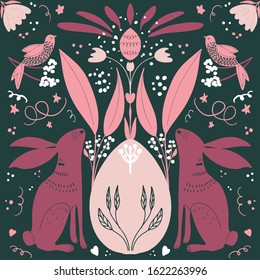 Colourful  Easter pattern for cards with flower,bunnies and egg