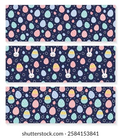 Colourful Easter seamless pattern with cute bunny, egg and chick. Set. Cartoon style background. Vector illustration
