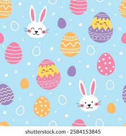 Colourful Easter seamless pattern with cute bunny, egg and chick. Set. Cartoon style background. Vector illustration