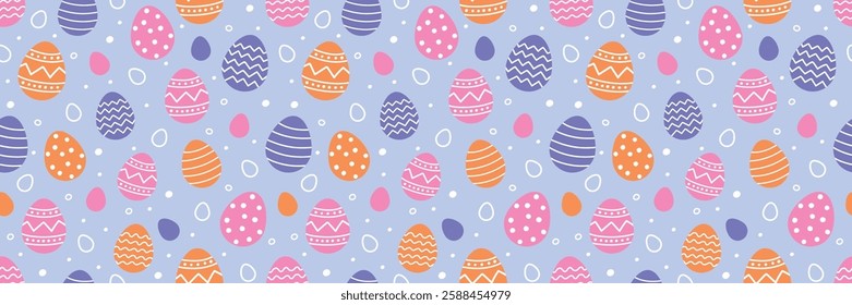 Colourful Easter seamless pattern with cute painted eggs. Cartoon style background. Vector illustration