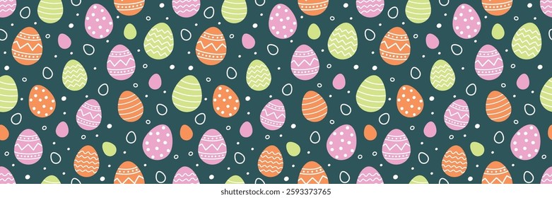 Colourful Easter seamless pattern with cute painted eggs. Cartoon style background. Vector illustration