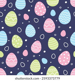 Colourful Easter seamless pattern with cute painted eggs. Cartoon style background. Vector illustration