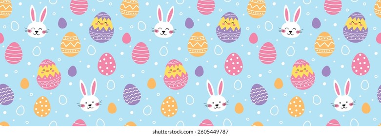 Colourful Easter seamless pattern with cute bunny, egg and chick. Set. Cartoon style background. Vector illustration