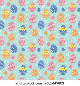 Colourful Easter seamless pattern with cute chicks and eggs. Cartoon style background. Vector illustration