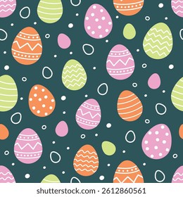 Colourful Easter seamless pattern with cute painted eggs. Cartoon style background. Vector illustration