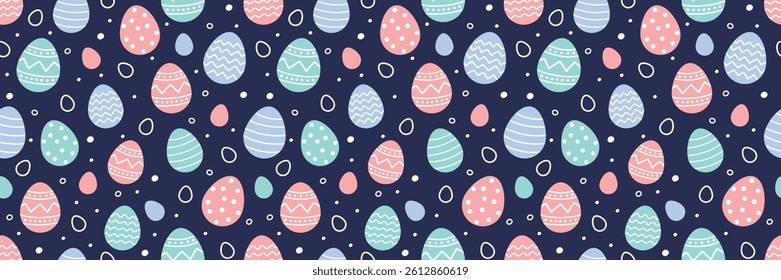Colourful Easter seamless pattern with cute painted eggs. Cartoon style background. Vector illustration