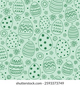 Colourful Easter texture in cartoon style. Hand drawn eggs and flowers. Doodle.  Vector illustration