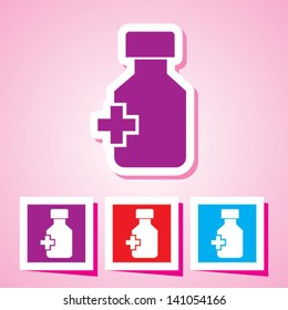 Colourful editable icon of medicine bottle and pills on starburst