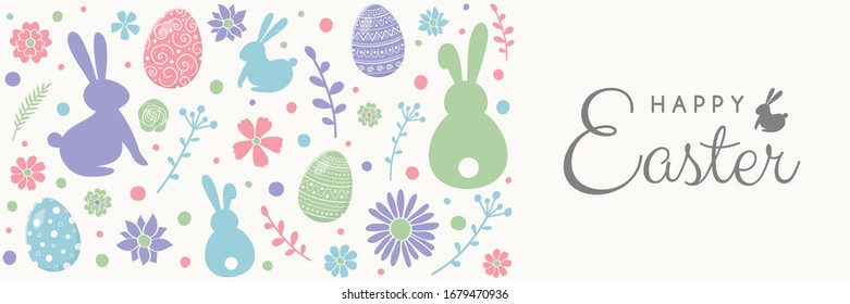 Colourful eggs, bunnies and flowers on background with Happy Easter wishes. Banner. Vector