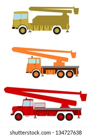 Colourful elevated work platforms, bucket trucks in retro style on a white background.