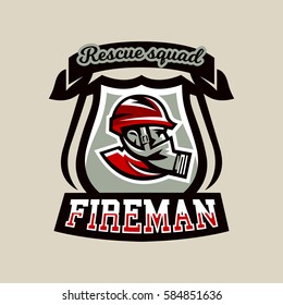 Colourful emblem, logo, badge, firefighter in a gas mask, rescue squad, vector illustration. 