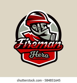 Colourful emblem, logo, badge, firefighter in a gas mask, rescue squad, vector illustration. 