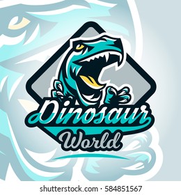 Colourful emblem, logo, dangerous raptor ready to attack, sharp claws, dinosaur of the Jurassic period. Vector illustration, sporty and dynamic style, printing on T-shirts 