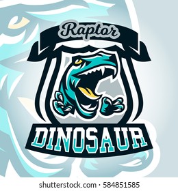 Colourful emblem, logo, dangerous raptor ready to attack, sharp claws, dinosaur of the Jurassic period. Vector illustration, sporty and dynamic style, printing on T-shirts 