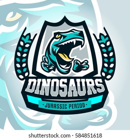 Colourful emblem, logo, dangerous raptor ready to attack, sharp claws, dinosaur of the Jurassic period. Vector illustration, sporty and dynamic style, printing on T-shirts 