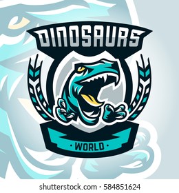 Colourful emblem, logo, dangerous raptor ready to attack, sharp claws, dinosaur of the Jurassic period. Vector illustration, sporty and dynamic style, printing on T-shirts 