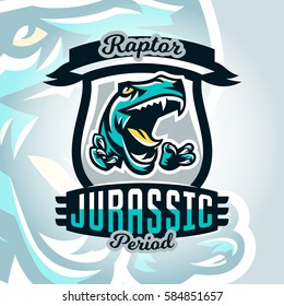 Colourful emblem, logo, dangerous raptor ready to attack, sharp claws, dinosaur of the Jurassic period. Vector illustration, sporty and dynamic style, printing on T-shirts 