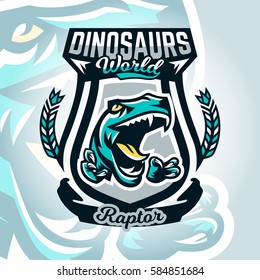 Colourful emblem, logo, dangerous raptor ready to attack, sharp claws, dinosaur of the Jurassic period. Vector illustration, sporty and dynamic style, printing on T-shirts 